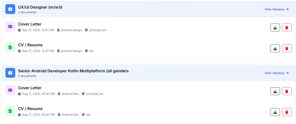 Document management showing CV and cover letter